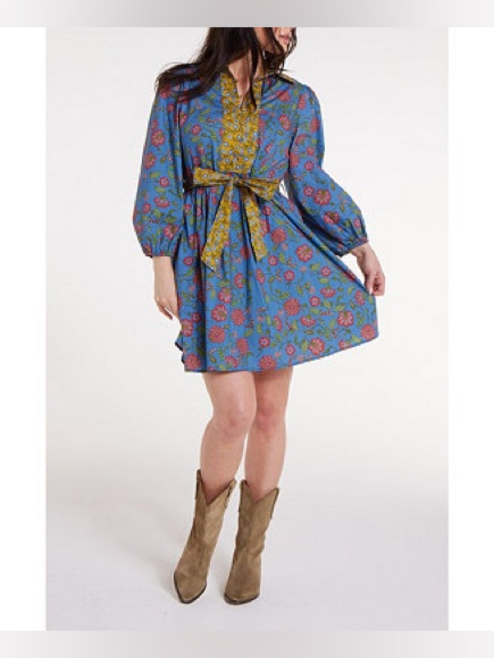Hermoza Halle Collared Mini Dress Tunic Blue Dusky Bloom Floral PrintNWT XS $248